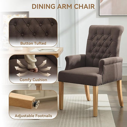 Fabric Dining Chair with Arms, Upholstered Tufted High Back Dining Room Chairs, Accent Armchair with Solid Wood Leg and Nailhead Trim, Kitchen Dining Living Room, Brown