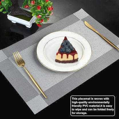 DACHUI Placemats Set of 4, Linen Look Woven Place Mats, Water Resistant, Heat Resistant, Washable, Durable Table Mats (Silver Grey)