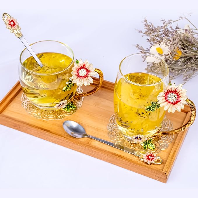 Flower Tea Cup, Butterfly Daisy Glass Fancy Coffee Mug - Image 3