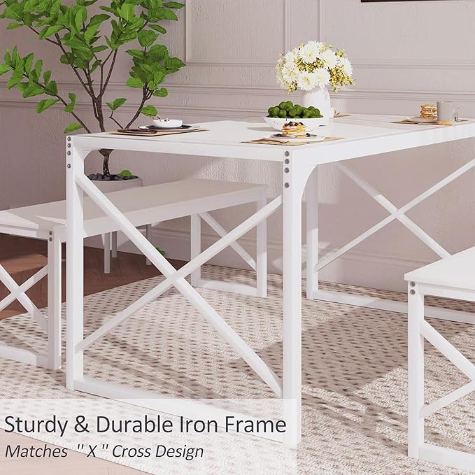 VECELO Kitchen Dining Table Sets for 6, 55" Wood Dinette 2 Benches with Metal Frame for Dinner Breakfast Nook and Small Space, White