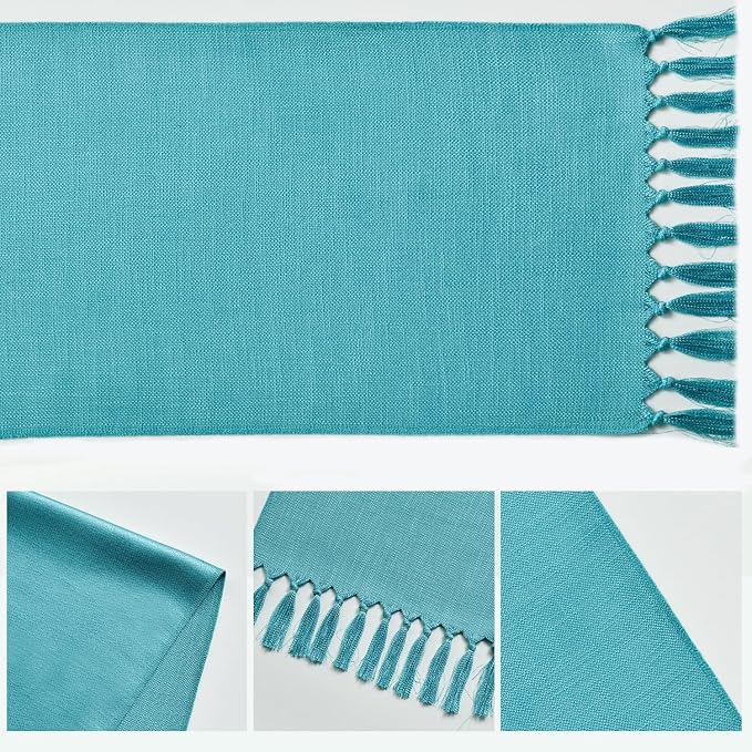 Artoid Mode Teal Tassel Table Runner, Winter Linen Blend Rustic Farmhouse Style - Image 5