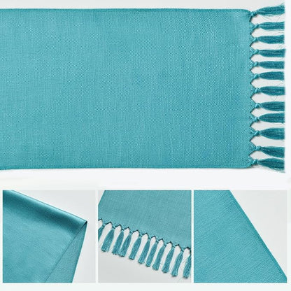 Artoid Mode Teal Tassel Table Runner, Winter Linen Blend Rustic Farmhouse Style - Image 5