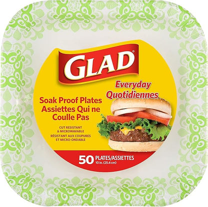 Glad Square Disposable Paper Plates, Green Victorian Pattern - Strong, Sturdy, Soak Proof, and Microwavable Decorative Plates for Dinner and Everyday Use, 10 Inch, 50 Count - 6 Pack