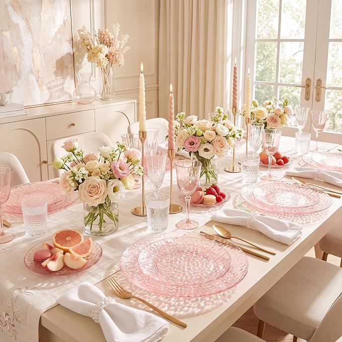 Rubtlamp 100 Pcs Clear Pink Plastic Plates, Hammered Plastic Pink Plates Set - Image 3