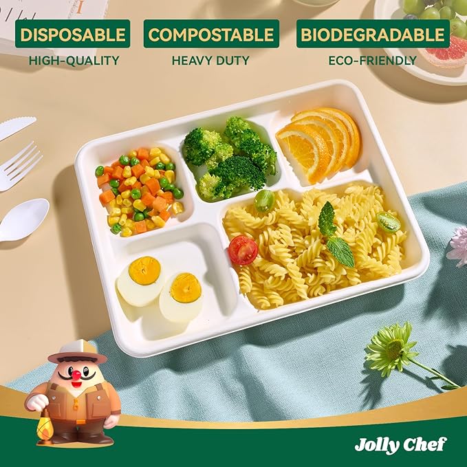 JOLLY CHEF Compostable 𝟱 Compartment Paper Plates 𝟭𝟭 * 𝟴 𝗶𝗻𝗰𝗵 [𝟱𝟬𝟬 𝗣𝗮𝗰𝗸] Heavy Duty White Divided Disposable Plate Eco-Friendly Biodegradable Food Trays for Party Lunch Dinner Christmas