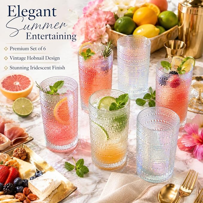 Hobnail Beaded Highball Drinking Tumbler Glasses | Set of 6 | Iridescent Pearl - Image 3