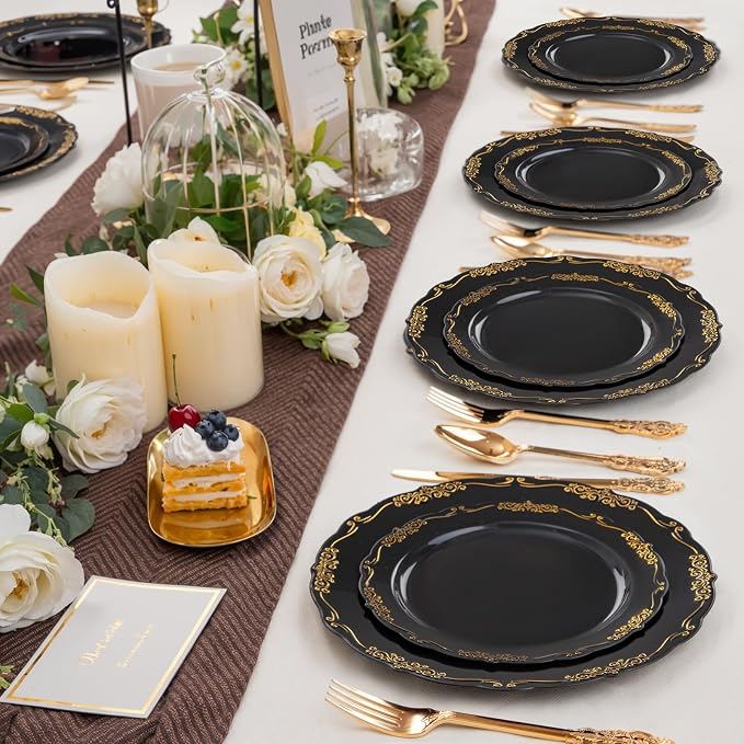 DaYammi 60PCS Black and Gold Plastic Plates, Heavy Duty Black and Gold - Image 3