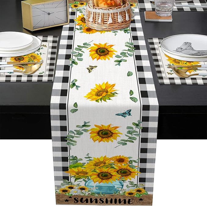 Table Runner and Placemats Set of 6, Sunflower Buffalo | Plaid Floral Flower - Image 5