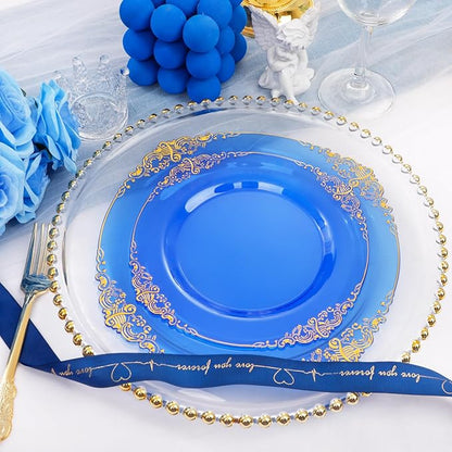 102PCS Blue Plastic Plates - Royal Gold Disposable Plates - Clear Blue Party Plate - Heavyweight Disposable Plate with Gold Rim - Fancy Dinner & Dessert Plates for 51 Guests Party Wedding