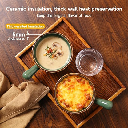 MONITO 16 Oz French Onion Soup Bowls, Ceramic Soup Bowls with Handles, Stackable Soup Crocks Oven Safe for Chili, Beef Stew, Cereal,Casseroles Microwave & Dishwasher Safe, Set of 4, Forest Green
