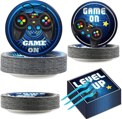 gisgfim 200 Pcs Video Game Party Favors Supplies Paper Plates and Napkins Gaming Birthday Party Decorations for Kids Gaming Serves 50