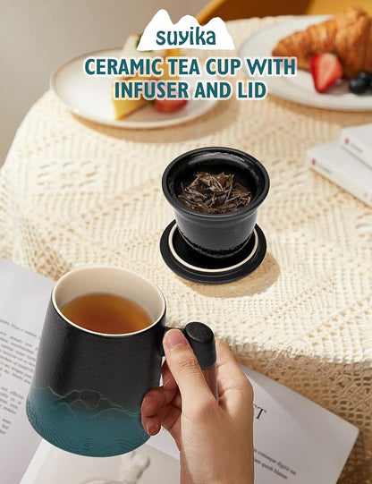 suyika Tea Cup with Infuser and Lid, 15.2 Ounce Wood Handle Ceramic Loose Leaf - Image 2