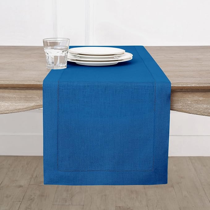 Solino Home 100% Pure Linen Table Runner Indigo Blue Hemstitch, 14 x 144 in | by SolinoHome