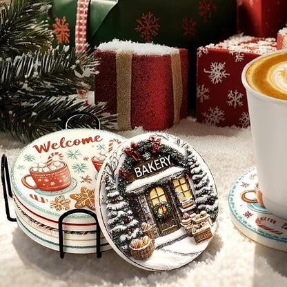 Christmas Drink Coasters Set of 6 with Black Holder and Cork Base, Absorbent Ceramic Coasters Round Decorative Coffee Table Decor for House Warming Gifts New Home