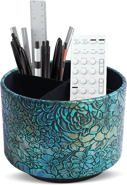 Round Leather Art Supply Organizer,Remote Control Holder,360 Degree Spinning,Multi-Functional Pencil Holder,4 Compartments Desktop Stationary Organizer(1-Rich Flower Green)