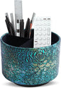 Round Leather Art Supply Organizer,Remote Control Holder,360 Degree Spinning,Multi-Functional Pencil Holder,4 Compartments Desktop Stationary Organizer(1-Rich Flower Green)