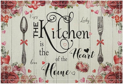 Retro Farmhouse Placemat Set, Romantic Pink Rose Floral Rural Plank Art Sketch Cutlery Knife Fork Inspirational Quotes Pattern Home Decor Linen Table Mats for Dining Room Kitchen Party (17x12in) x2P