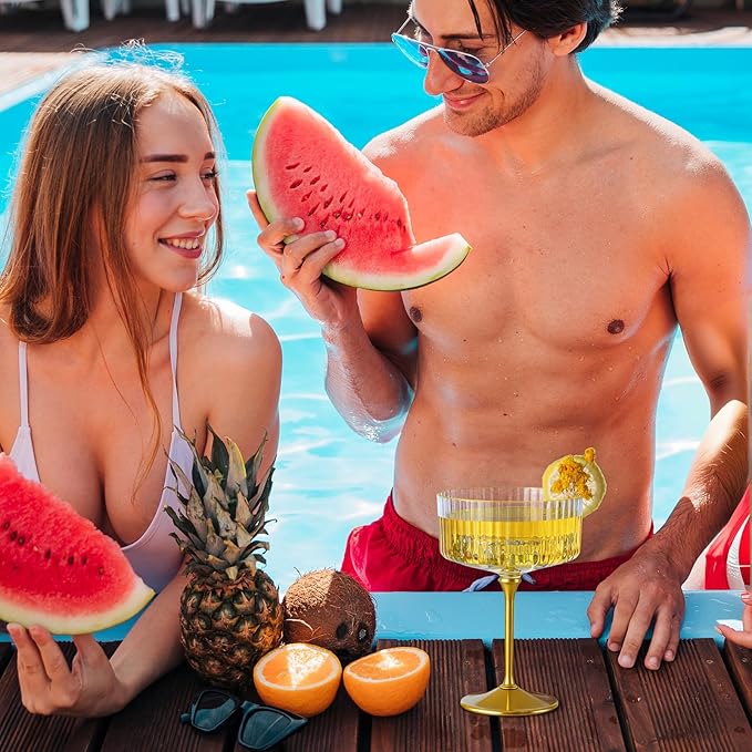 12 PCS Ribbed Coupe Glasses with Gold Stem Clear Plastic Champagne Coupe Cup 10oz Detachable Gold Rim Espresso Martini Glass Vintage Margarita Glassware Cocktail Glass for Christmas