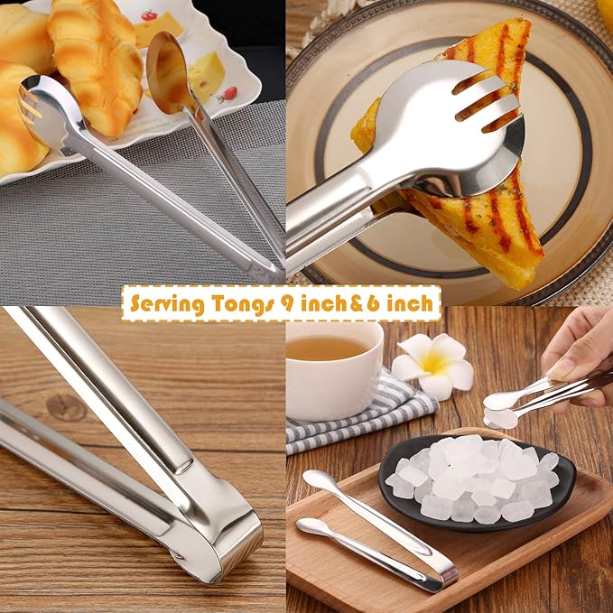 12 PCS Stainless Steel Serving Utensils, Large Spoons Slotted Spoons Forks Tongs, Ice Suger Tongs, Pie Server, Butter Knife, Coffee Spoons, Great for Buffet Catering Banquet Party, Silver