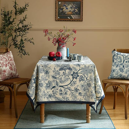 ISAENNE Designer French Linen Extra Long Rectangle Tablecloth,Blue Floral Washable Indoor Table Cloth,Durable Home Decor Tablecloths for Dining Thanksgiving Kitchen Party,67"*118"-Ruyi B