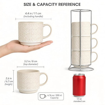 6 Oz Coffee Mugs with Stand, Stackable Ceramic Espresso Cups Set of 4, Embossed - Image 4