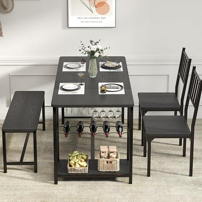 4 EVER WINNER Dining Table Set for 4, 55" Small Kitchen Table with Wine Rack & Wine Glasses Holder, Dining Room Table Set with 2 Chairs and Bench for Small Space, Black