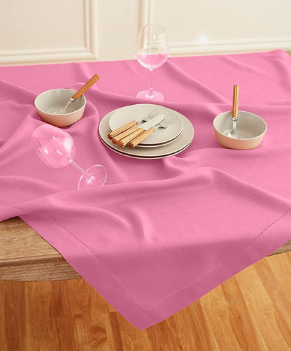 Solino Home Square Linen Tablecloth 52 x 52 Inch - 100% Pure Linen Flamingo Pink Table Throw - Classic Hemstitch, Machine Washable Table Cloth for Valentines, Spring, Easter