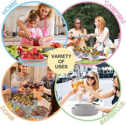LIYH 28 Pcs Kitchen Plates and Bowls Set, Wheat Straw Dinnerware Sets, Unbreakable Plates and Bowls Sets for 4, Reusable Plate Wheat Straw Dishes Set for Daily & Camping, Light Grey Kitchen Decor