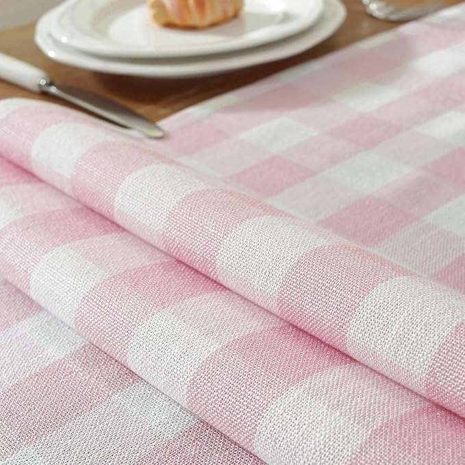 Laolitou Spring Pink Checkered Table Runner, Cotton Linen Gingham Table Runners - Image 4