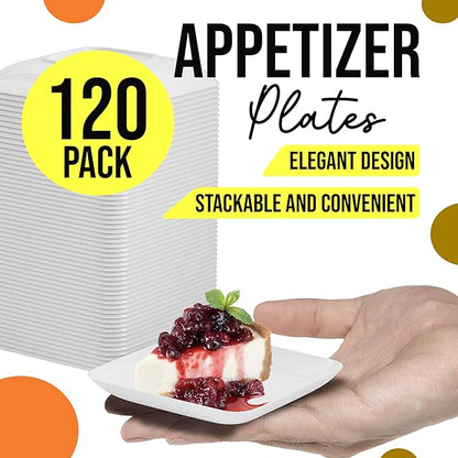 Exquisite Tiny Mini Dessert Plates - 120 Pack 2.4 In. x 2.4 In. White Disposable Appetizer Plates - Small Plastic BPA Free for Weddings