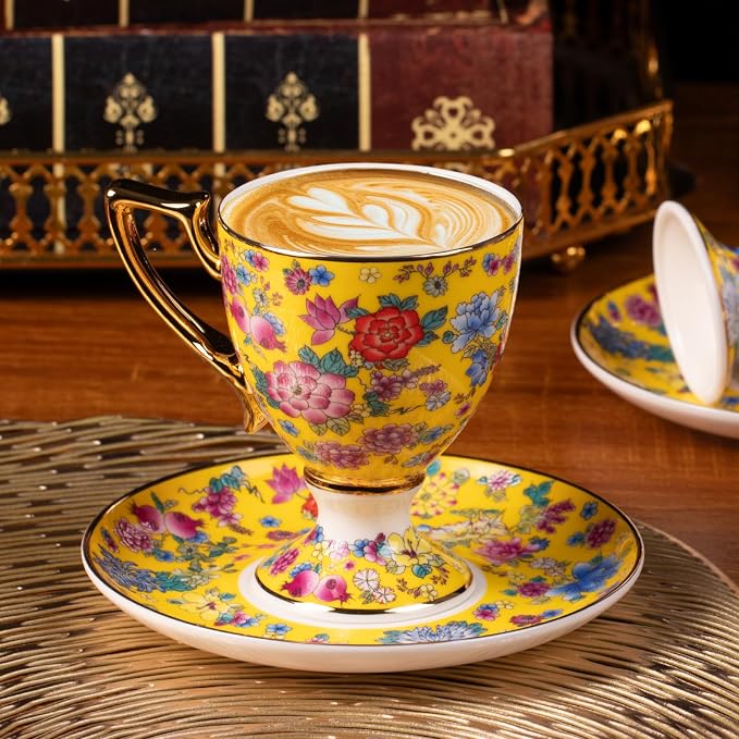 KAMMAK Tea Cup and Saucer, Ceramic Coffee Cups, 7 oz, Afternoon Tea and - Image 3