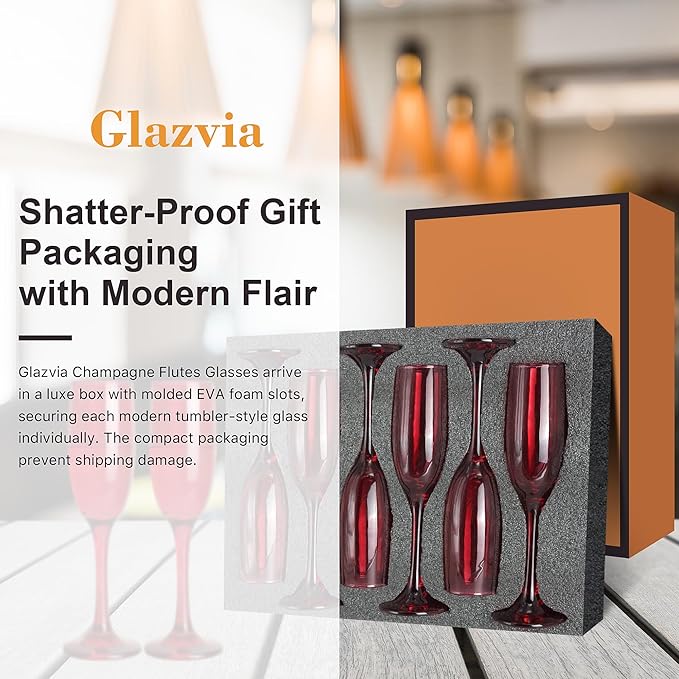 Champagne Flutes Glasses Set of 6-6oz Elegant Red Glass, Unique Red Colored Long Stem Champagne Flute Gift for Wedding, Anniversaries, Parties, Birthday, Restaurant, Home Bar