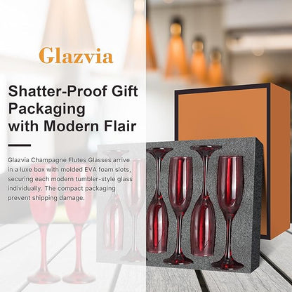 Champagne Flutes Glasses Set of 6-6oz Elegant Red Glass, Unique Red Colored Long Stem Champagne Flute Gift for Wedding, Anniversaries, Parties, Birthday, Restaurant, Home Bar