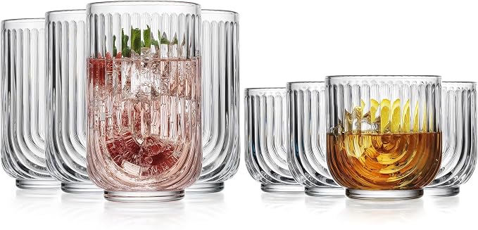 Glaver's 8-Piece Drinking Glass Set, Art Deco Ribbed Arch Glassware, 17oz - Image 6