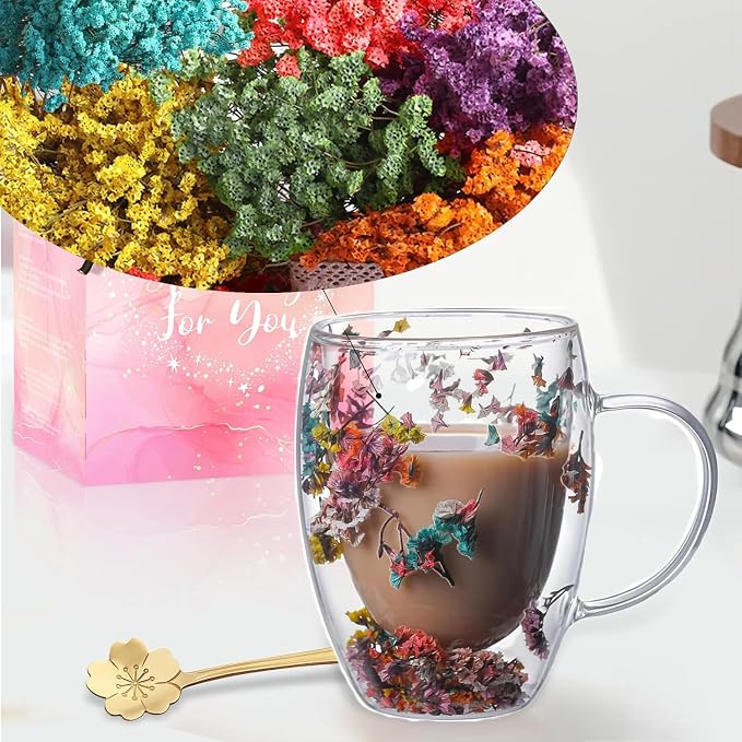 Gifts for Women Dried Flowers Double Wall Glass Coffee Mugs Cute Glass Tea Cups - Image 8