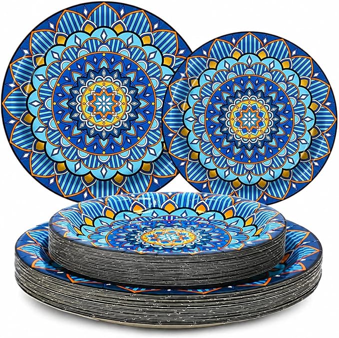 100PCS Boho Paper Plates 7Inch & 9Inch, Vintage Bohemian Disposable Dinnerware by EggSun