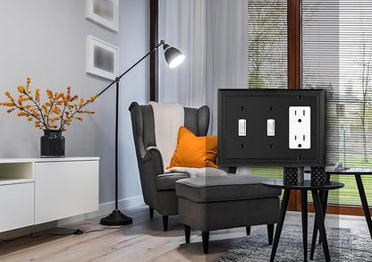 Henne Bery Sunken Pearls Heavy Duty Decorative Wall Plate Switch Plate Outlet Cover (Double Toggle/Single Decorator, Matte Black)