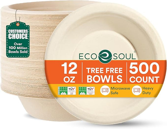 ECO SOUL 100% Compostable 12 Oz Soup Bowls [4 Packs of 125] Disposable dessert bowls I Heavy duty paper bowl I Eco-friendly salad bowl I Biodegradable large Bowls