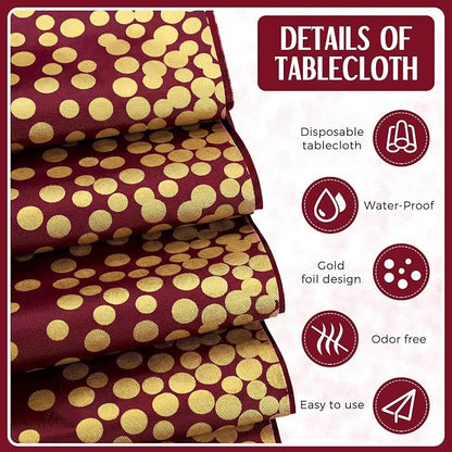 16 Pack Burgundy and Gold Disposable Plastic Tablecloths and Satin Table Runner - Image 5