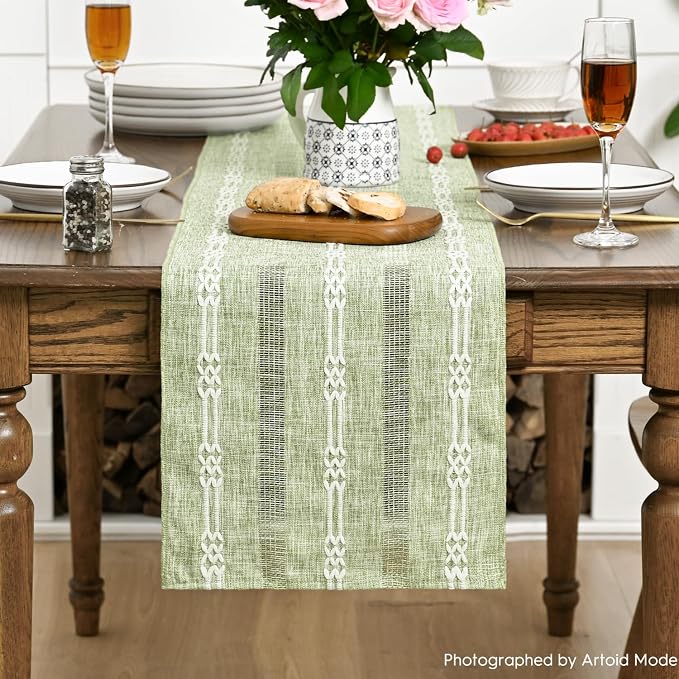 Artoid Mode Sage Green Farmhouse Embroidered Hollow Table Runner, Seasonal - Image 2