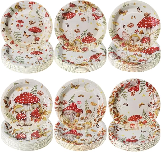 Gerrii 60 Pcs Watercolor Mushroom Party Plates 7 Inch Red Mushroom Birthday by Gerrii