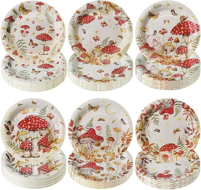 Gerrii 60 Pcs Watercolor Mushroom Party Plates 7 Inch Red Mushroom Birthday by Gerrii