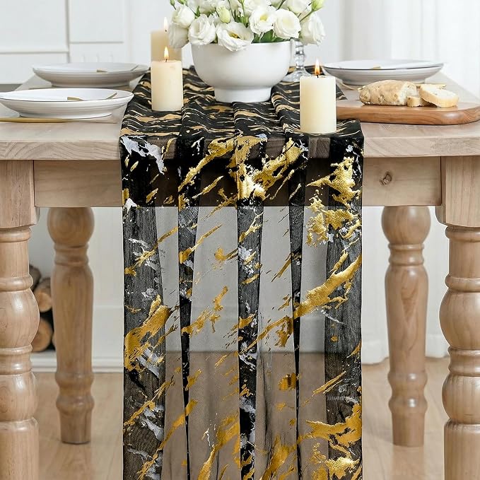 Artoid Mode Marble Pattern Black Gauze Table Runner 10FT, Glitter Metallic Foil - Image 2