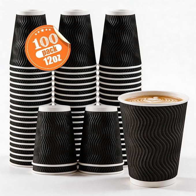 MOUMOULIFE 12 oz Disposable Paper Coffee Cups 100 Pack, Leak Proof Insulated - Image 2
