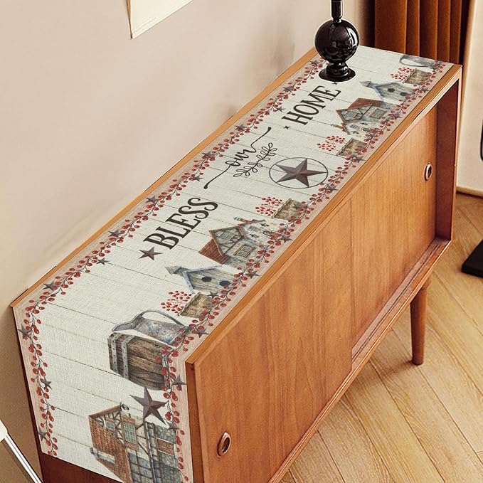 Farmhouse Table Runner, Rustic Western Texas Star Berries Cowboy Wooden Plank - Image 2