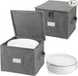 popoly China Storage Containers Hard Shell Inside 10" W x 8" H, Salad Plate Storage Containers for Dishes, Dinnerware with 24 Felt Dividers, Hold 24 Plates, Foldable and Stackable (2 Pack Grey)