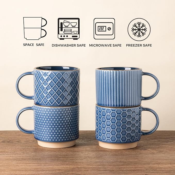 GBhome 12 OZ Stackable Coffee Mugs Set of 4, Ceramic Coffee Cups Set | Coffee - Image 7