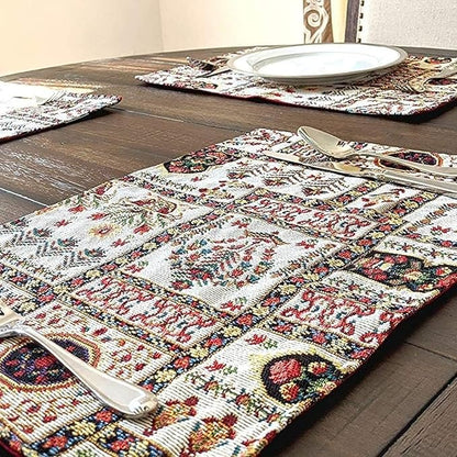 DaDa Bedding Elegant Floral Tapestry Placemats - Set of 4, Mughal-Inspired Woven Cotton Linen Dining Mats, Multi-Colored Vintage Garden Design - 13” x 19