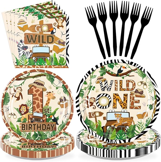 96 Pcs Wild One Birthday Animal Themed Party Supplies, Serves 24 | Jungle by Greencian