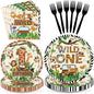 96 Pcs Wild One Birthday Animal Themed Party Supplies, Serves 24 | Jungle by Greencian